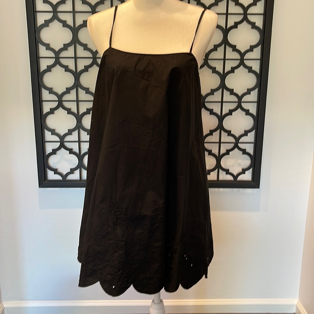 Zara black trapeze poplin dress with cutwork embroidery w/bow